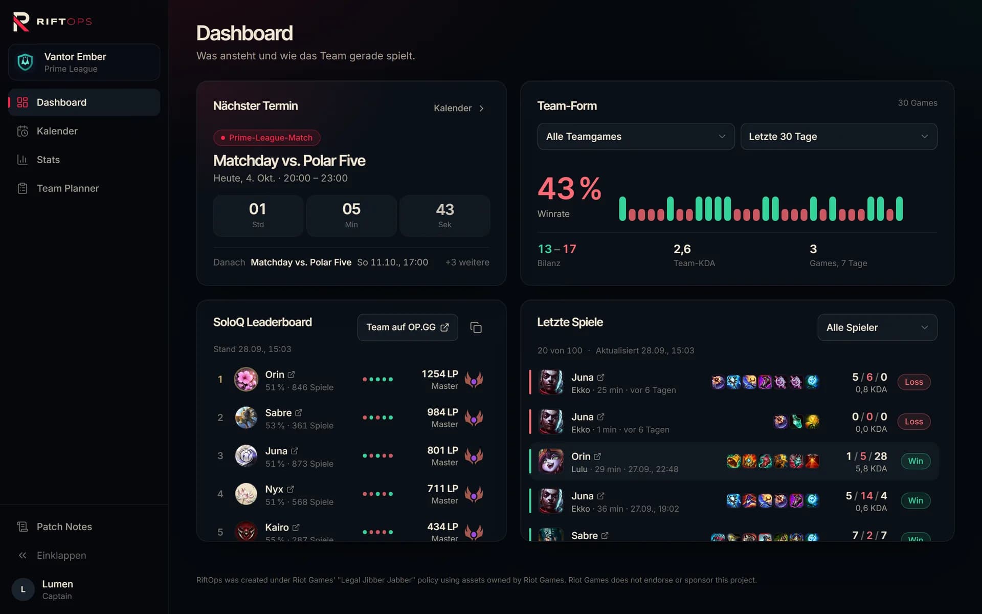 RiftOps Dashboard mit Rank-Übersicht, nächsten Terminen und letzten SoloQ-Games